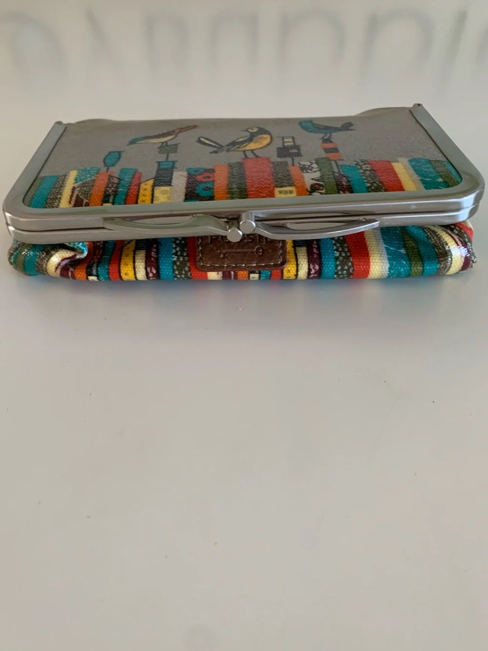 Birds on Books Pattern Canvas Makeup Purse - Gray with Teal & Yellow Accents